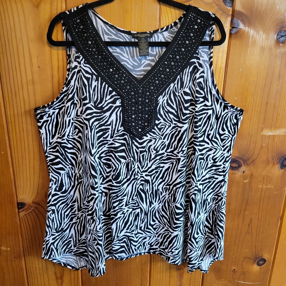 Susan Lawrence 3X Sleeveless Top Black White Zebra Print Polyester Spandex